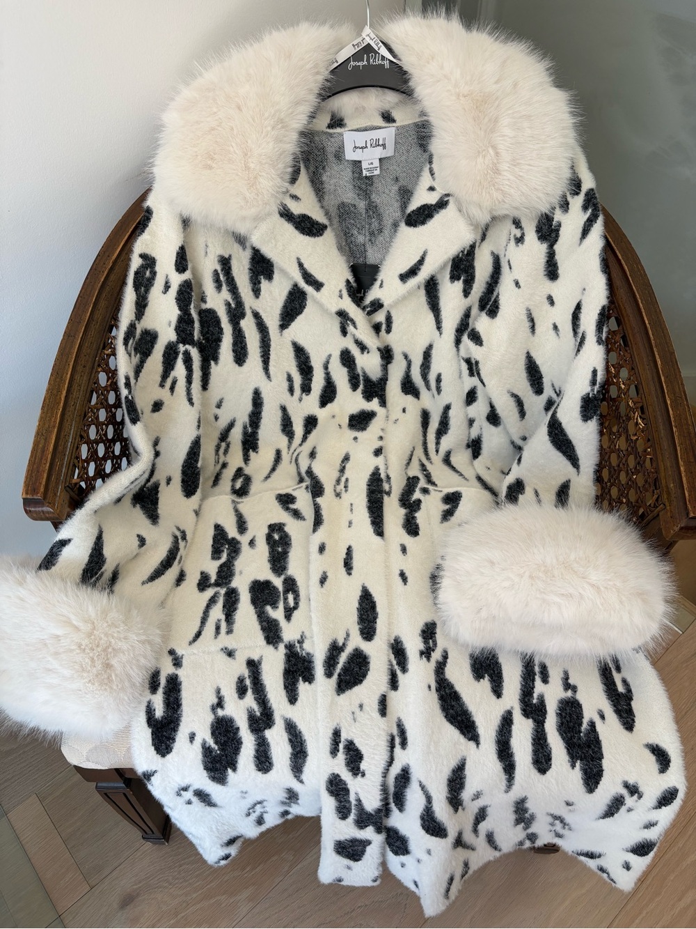 Joseph Ribkoff Black and Cream Leopard-Print Coat with Faux Fur Trim - Picture 3 of 4